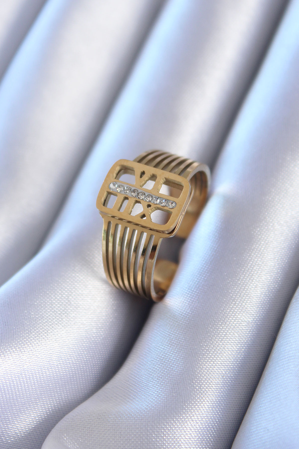 Erb 316L Çelik Gold Renk Zirkon Taşlı Kaburga Model Kadın Yüzük