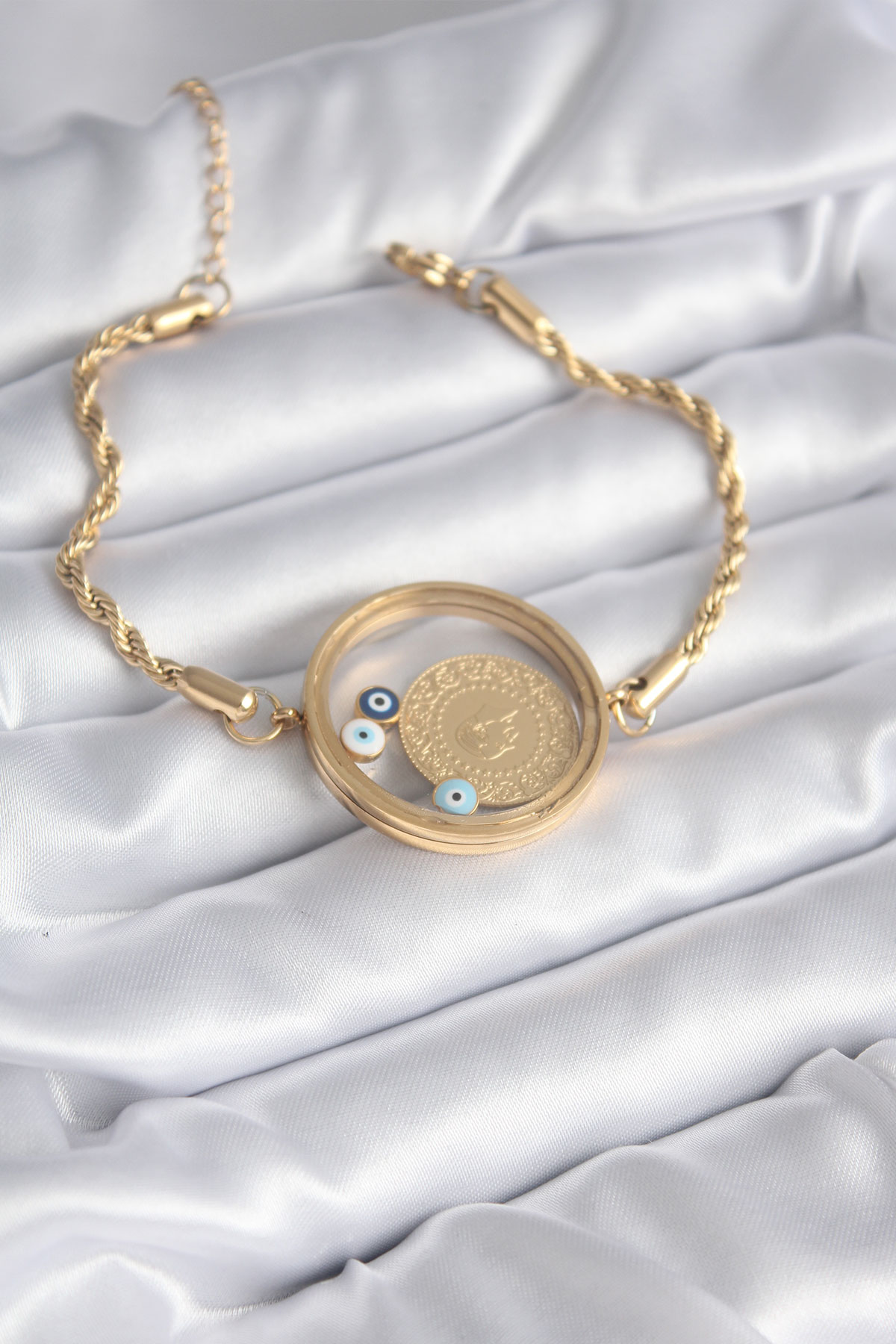 Erb Açılabilir 316L Çelik Gold Renk Burgu Zincir Fanus Çeyrek Model Kadın Bileklik