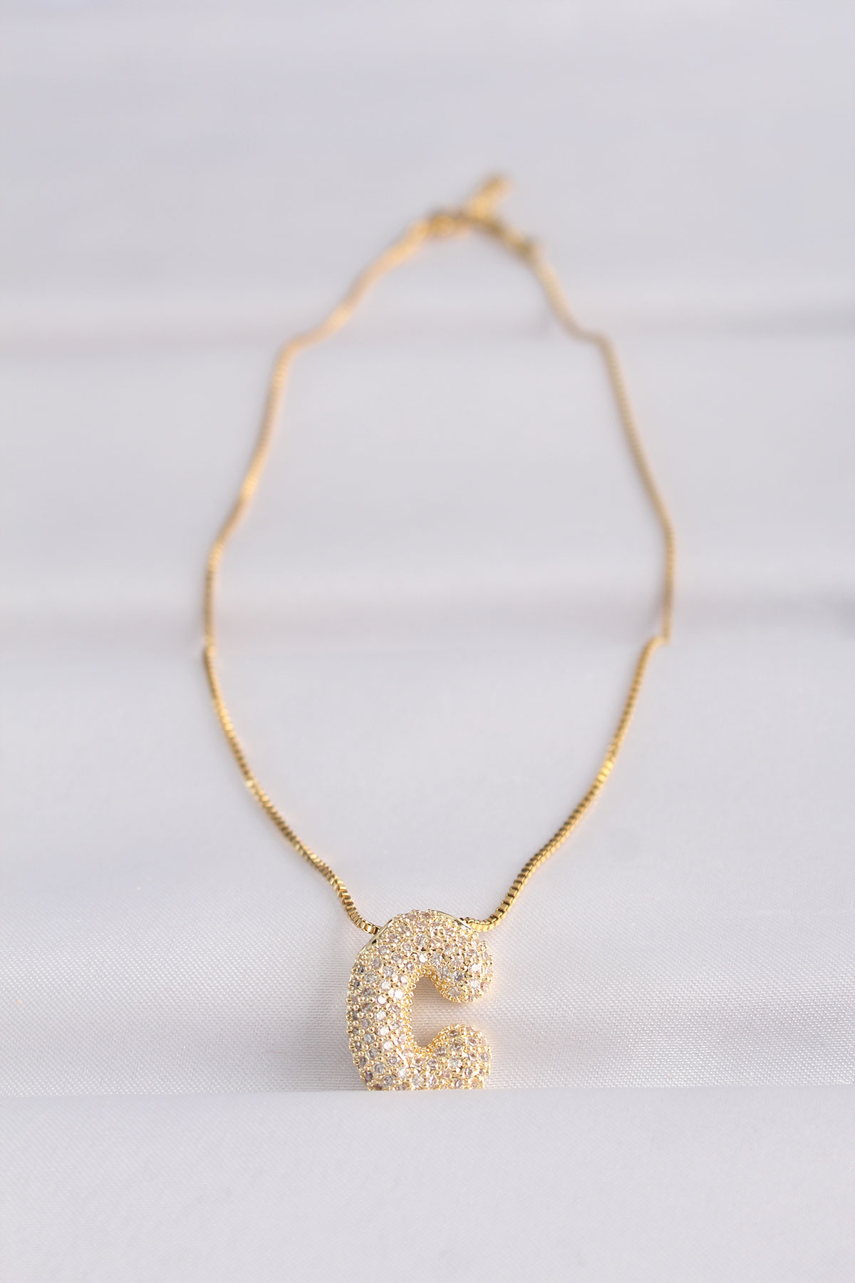 Erb 316L Çelik Zincirli Zirkon Taşlı C Harfli Gold Renk Bubble Kolye