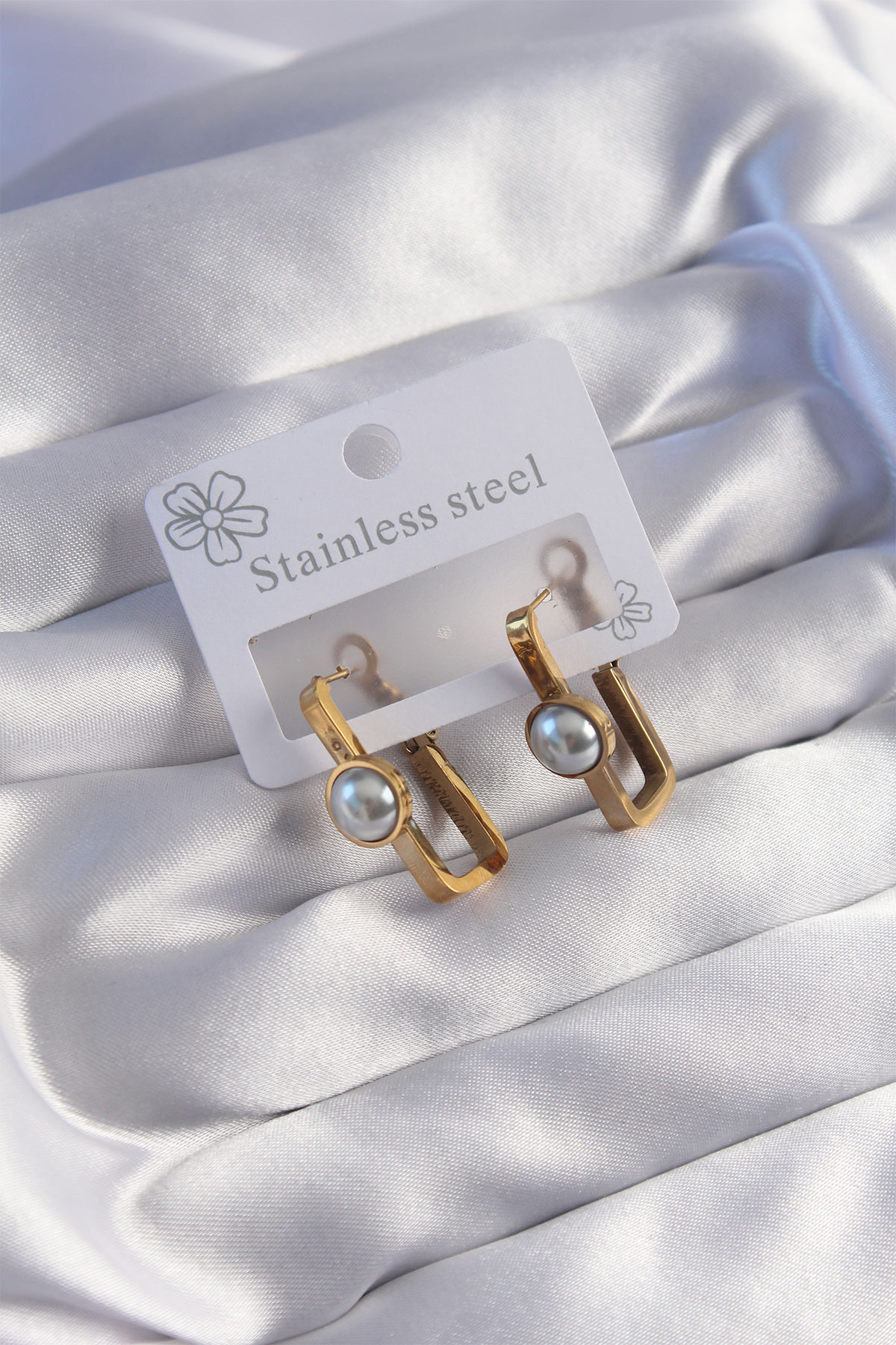 Erb 316L Çelik Gold Renk İnci Taşlı Dikdörtgen Model Küpe