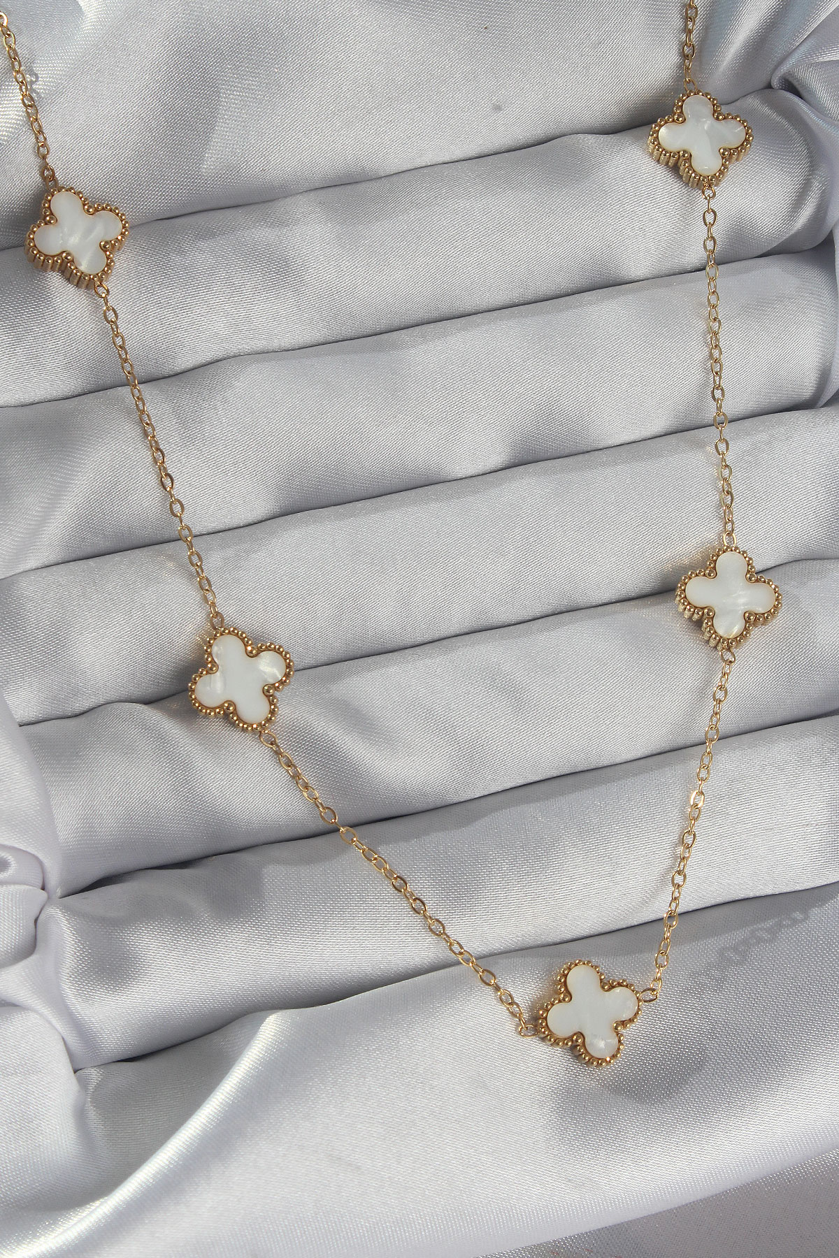 Erb 316L Çelik Zincir Gold Renk Beyaz Mineli Yonca Kolye