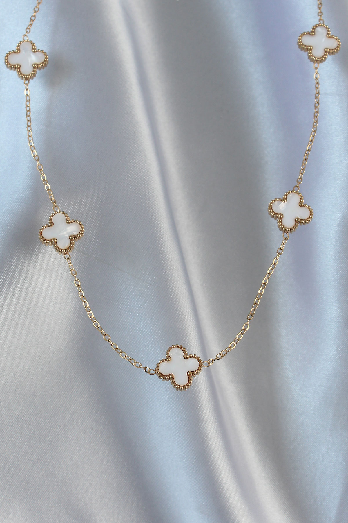 Erb 316L Çelik Zincir Gold Renk Beyaz Mineli Yonca Kolye