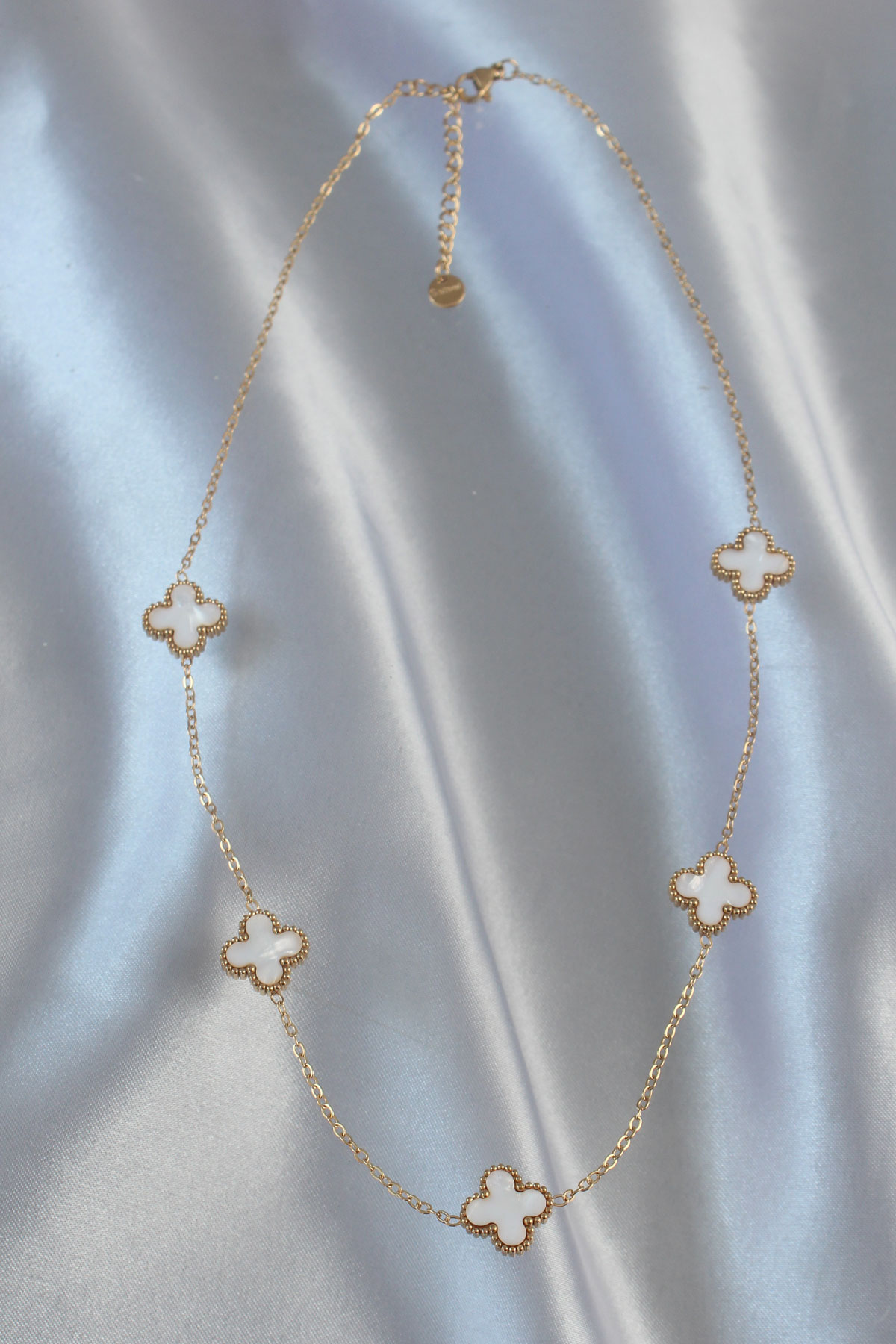 Erb 316L Çelik Zincir Gold Renk Beyaz Mineli Yonca Kolye