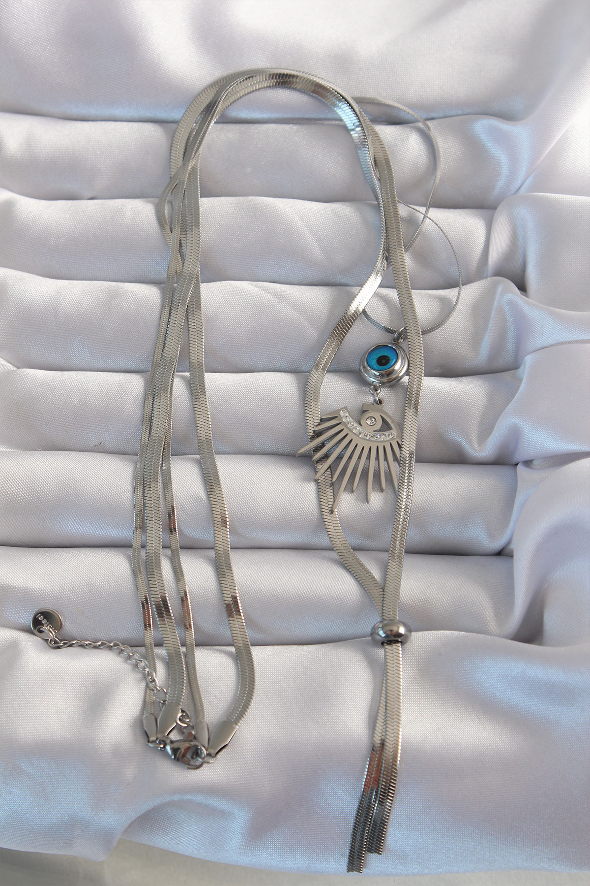 Erb 316L Çelik Gümüş Renk Zirkon Taşlı Göz Detay Nazarlı Uzun Asansör Model Kolye