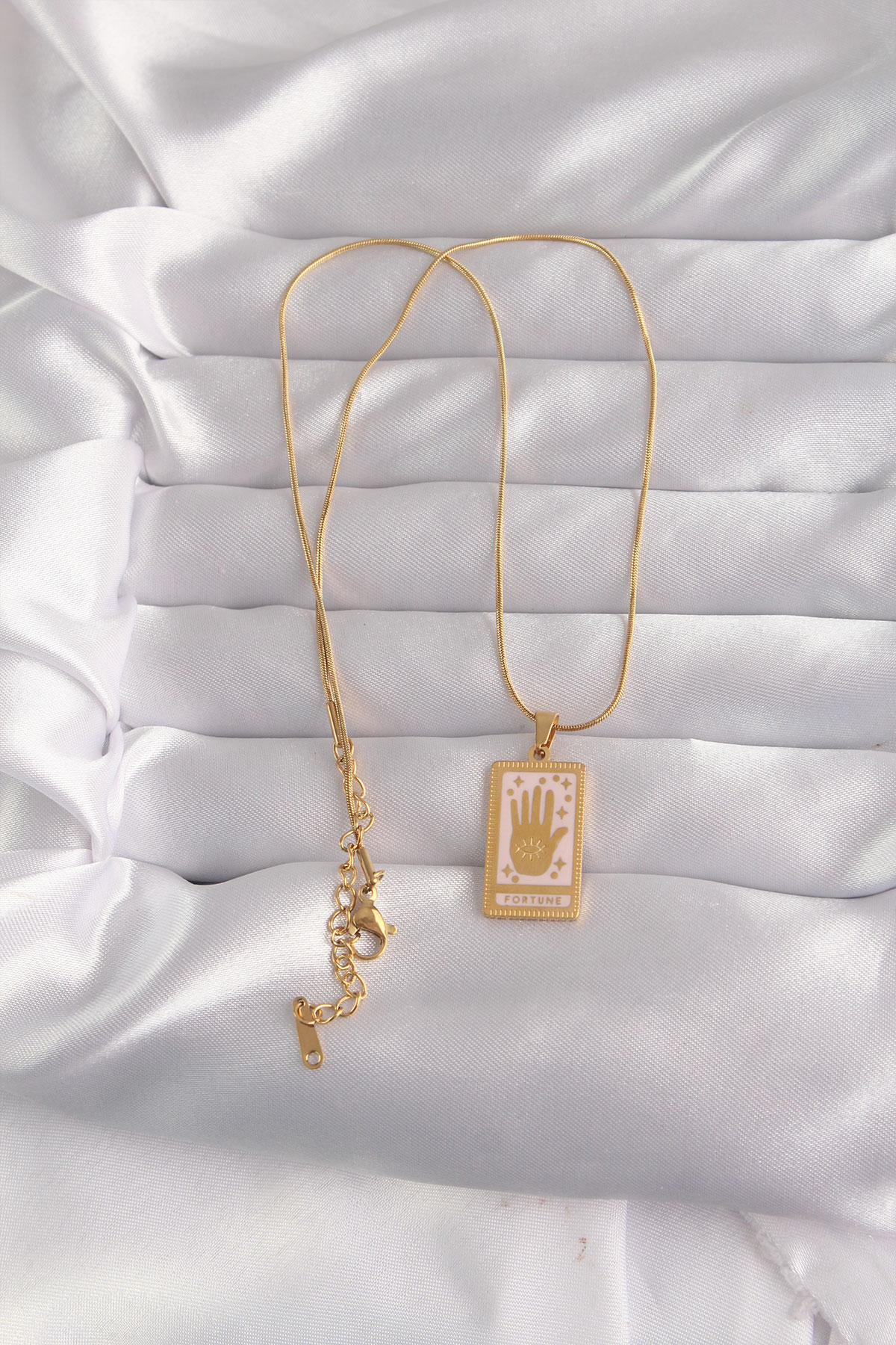 Erb 316L Çelik Gold Renk Pembe Mineli El Figür Tarot Kolye