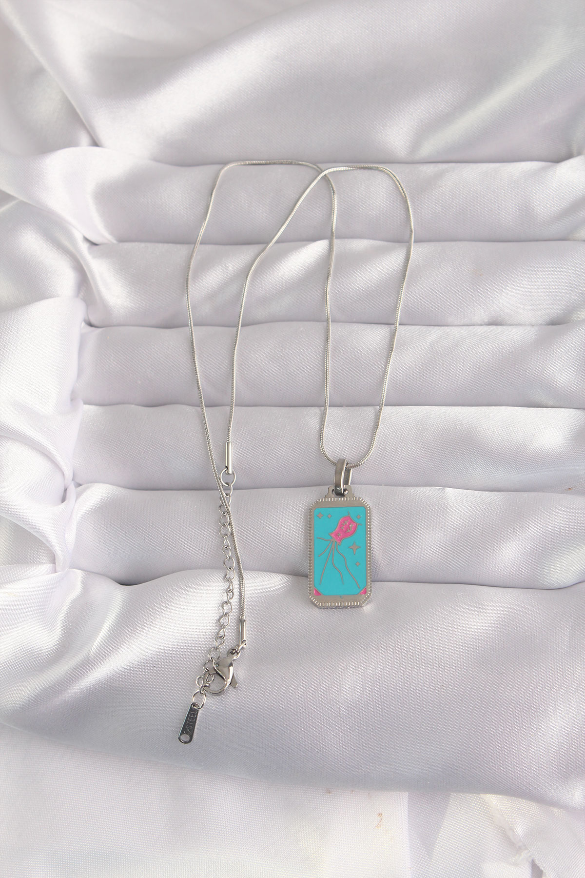 Erb 316L Çelik Gümüş Renk Mavi Mineli Tarot Kolye