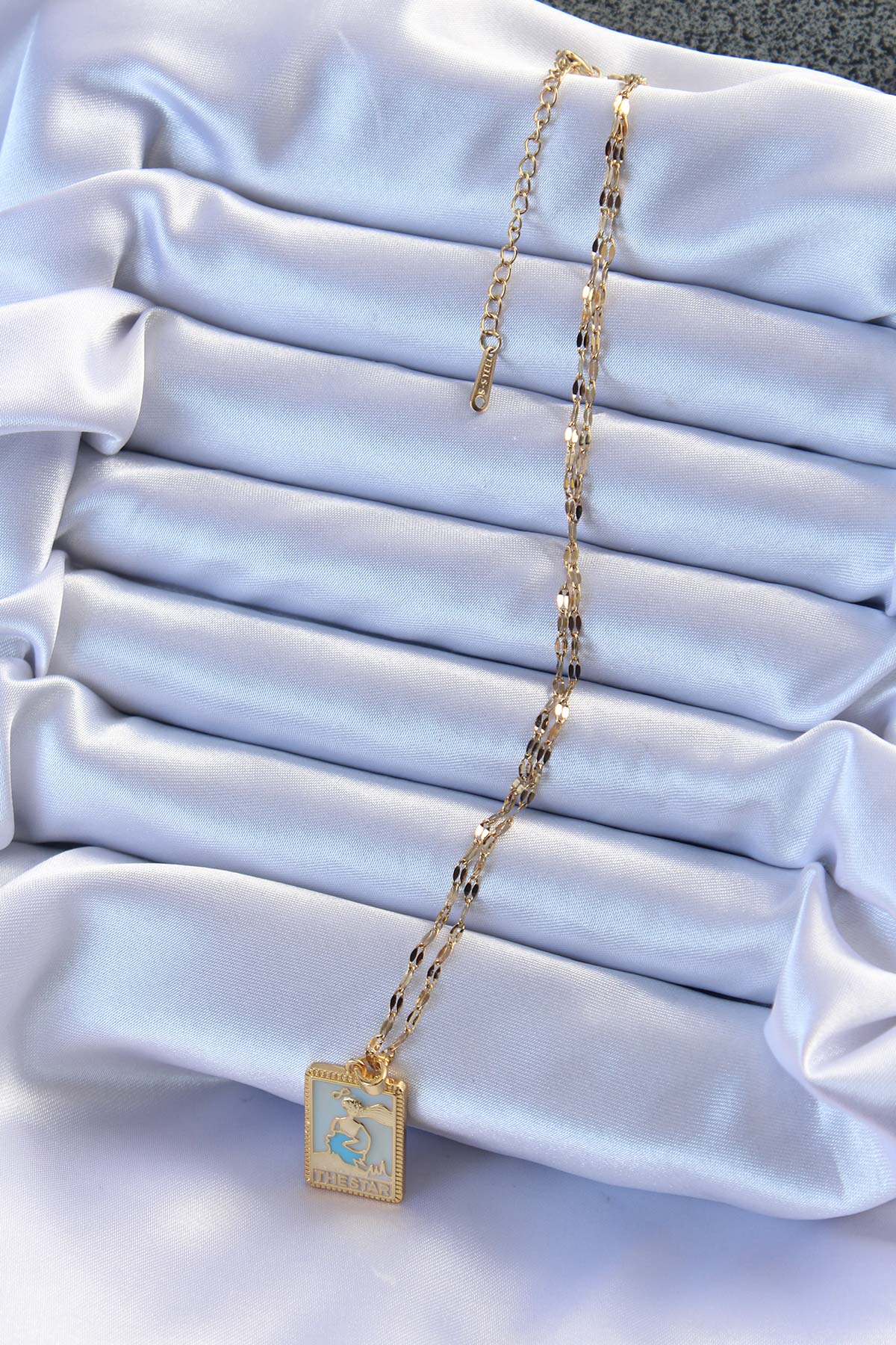 Erb 316L Çelik Zincir Altın Renk Mavi Mineli Tarot Kolye