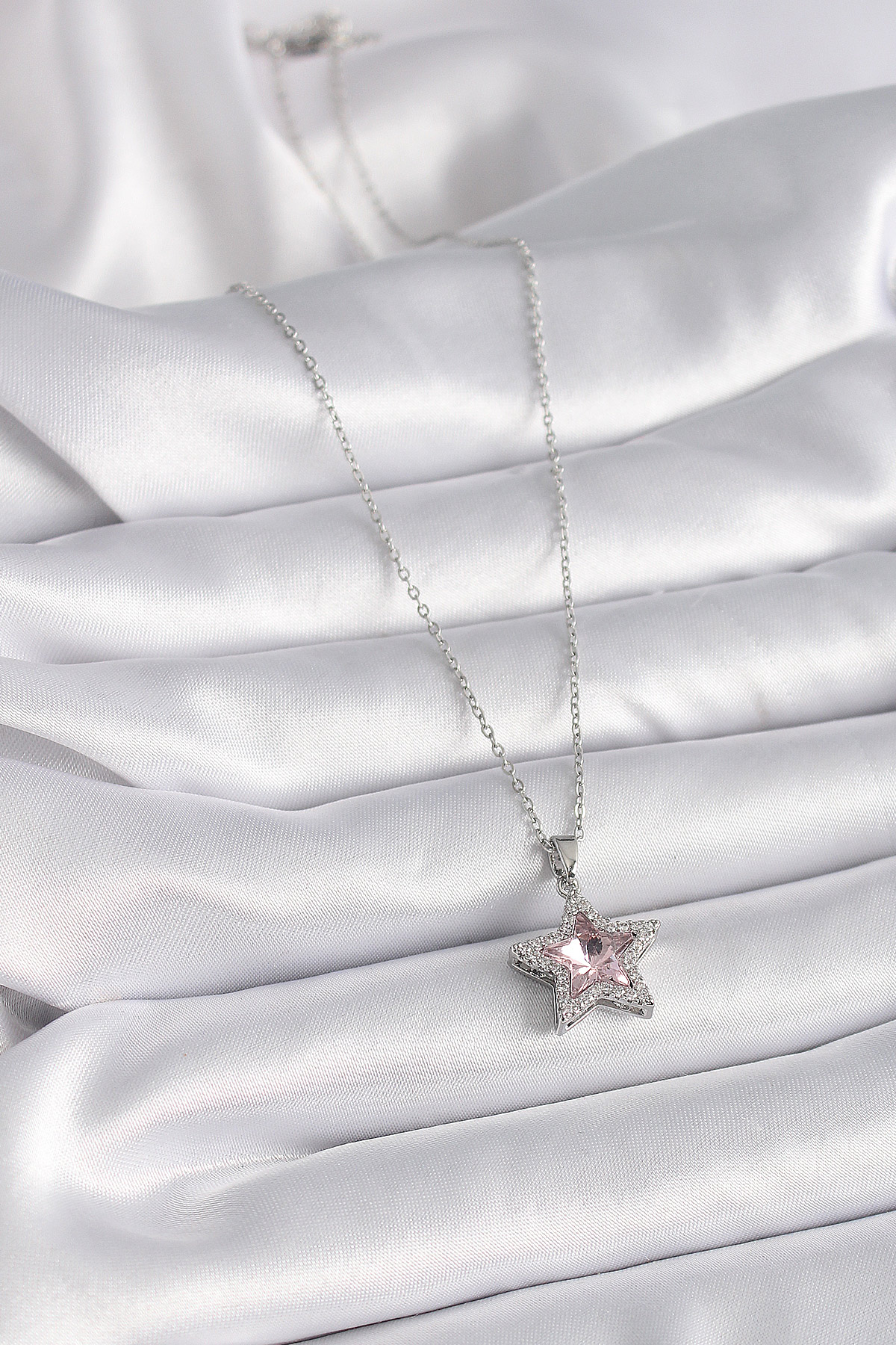 Erb 316L Çelik Gümüş Renk Pembe Zirkon Taşlı Yıldız Model Kadın Koyle