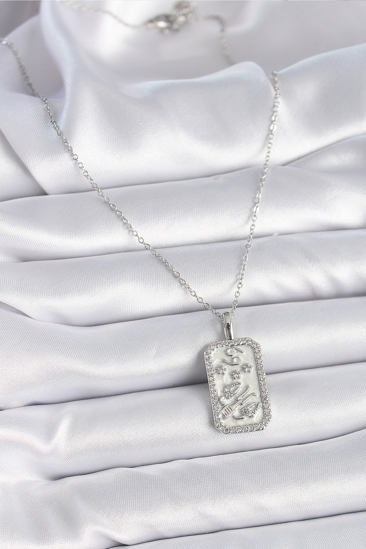 Erb 316L Çelik Gümüş Renk Zincir Yengeç Burcu Zirkon Taşlı Kadın Kolye