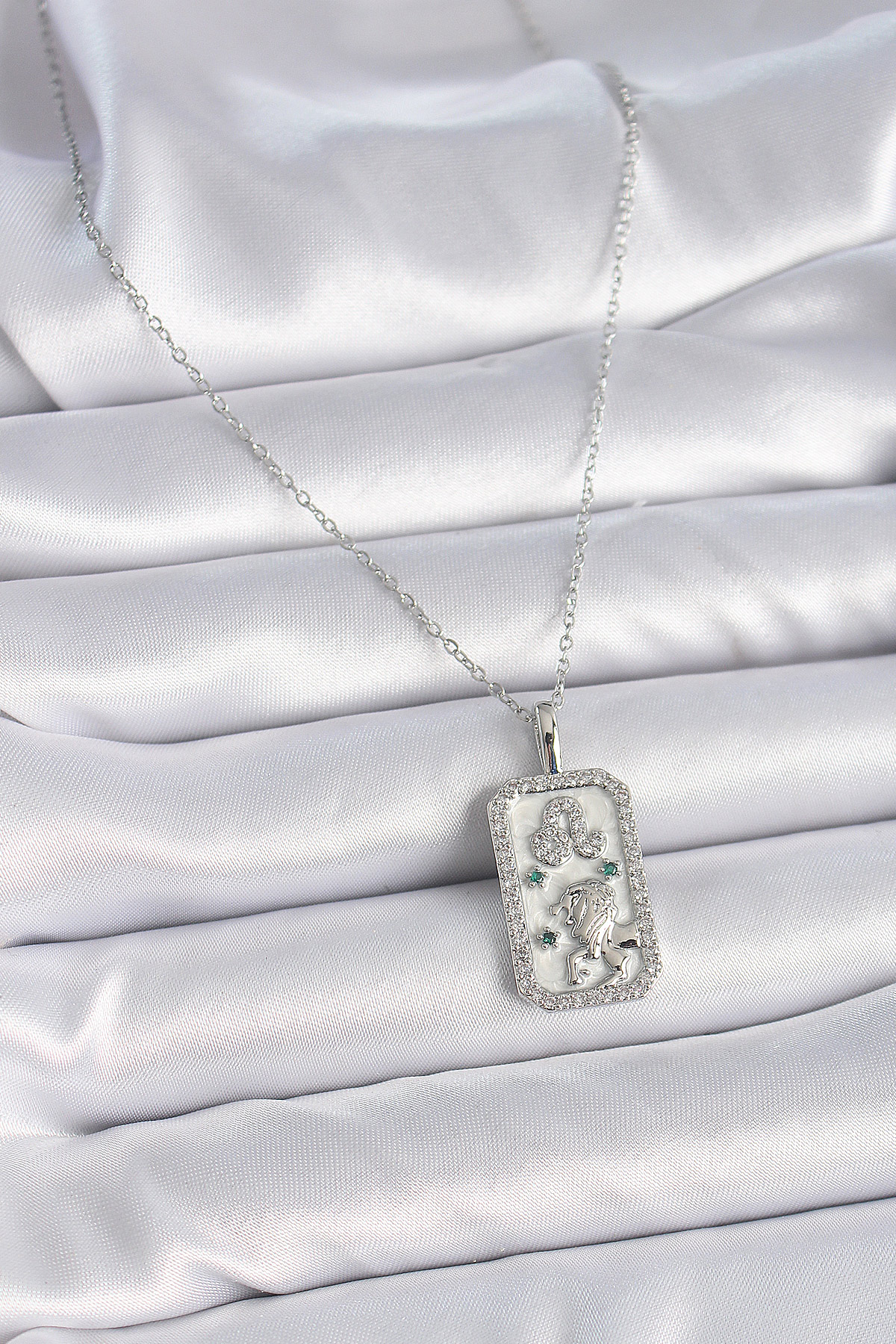 Erb 316L Çelik Gümüş Renk Zincir Aslan Burcu Zirkon Taşlı Kadın Kolye