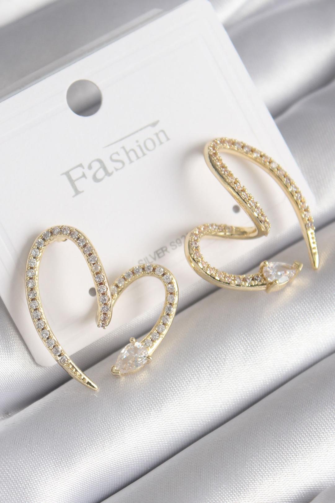 Erb Pirinç Gold Renk Zirkon Taşlı Yılan Kalp Model Kadın Küpe
