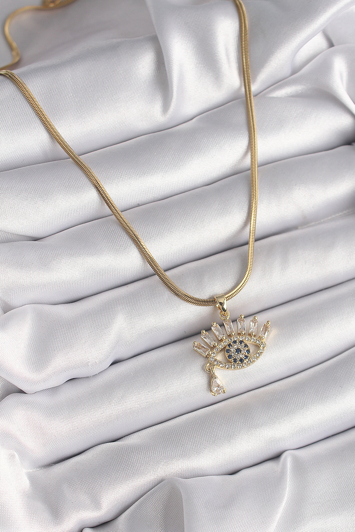 Erb 316L Çelik Gold Renk İtalyan Zincir Zirkon Taşlı Göz Model Kadın Kolye