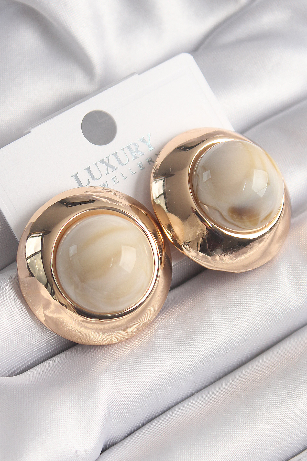 Erb%20Pirinç%20Gold%20Renk%20Beyaz%20Doğal%20Taşlı%20Daire%20Model%20Vintage%20Kadın%20Küpe