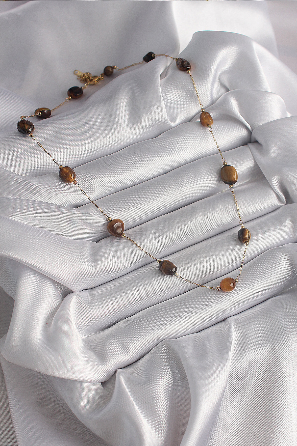 Erb 316L Çelik Gold Renk Zincir Kahvrengi Doğaltaş Model Kadın Kolye