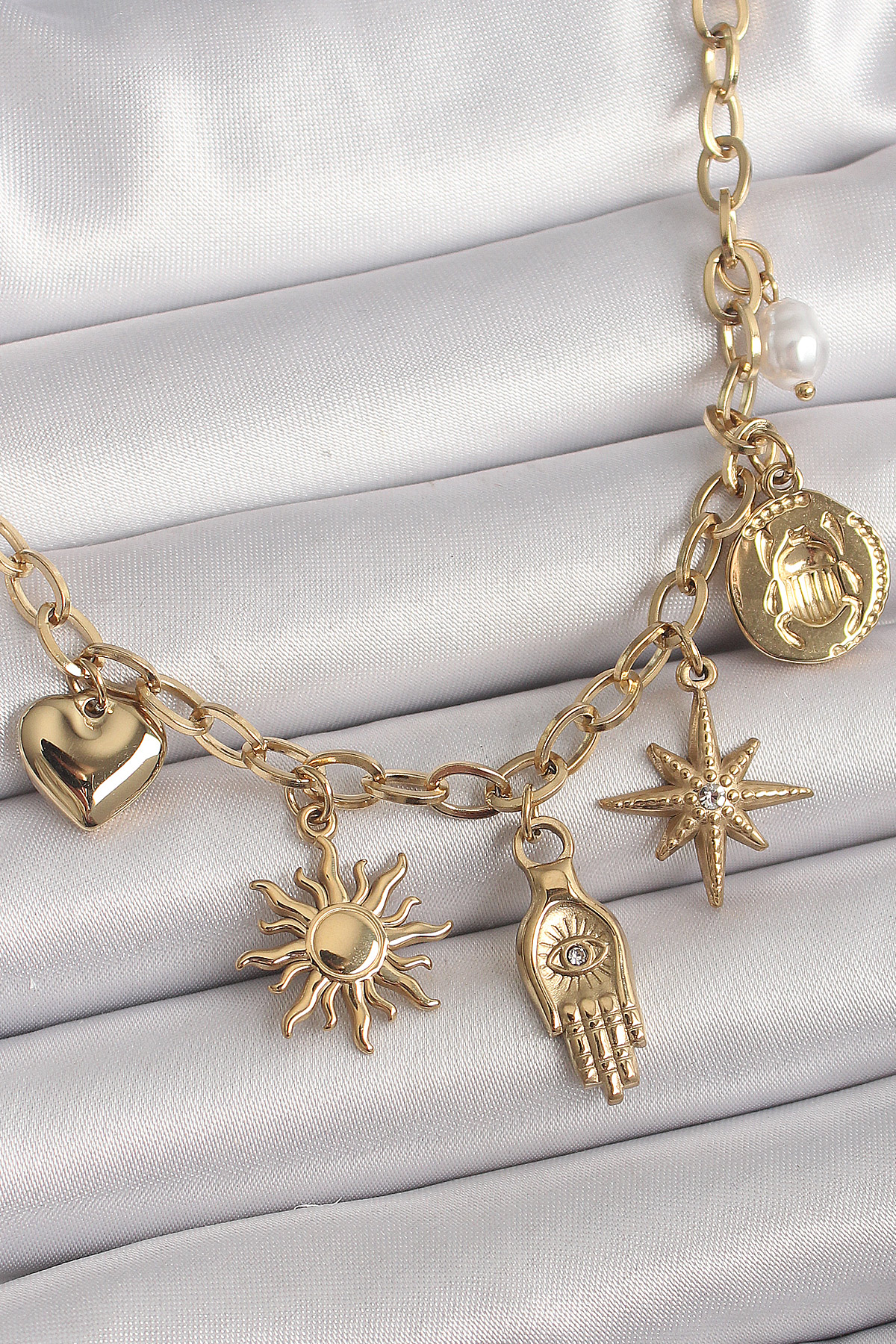 Erb 316L Çelik Gold Renk Halka Zincir Zirkon Taş Detaylı Fatma Ana El Figür Güneş Detay Kadın Kolye