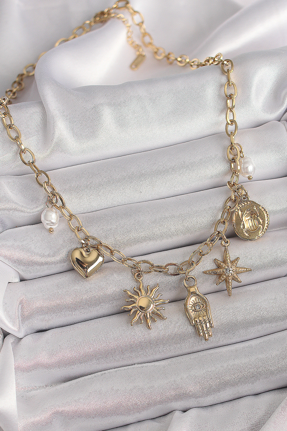 Erb 316L Çelik Gold Renk Halka Zincir Zirkon Taş Detaylı Fatma Ana El Figür Güneş Detay Kadın Kolye