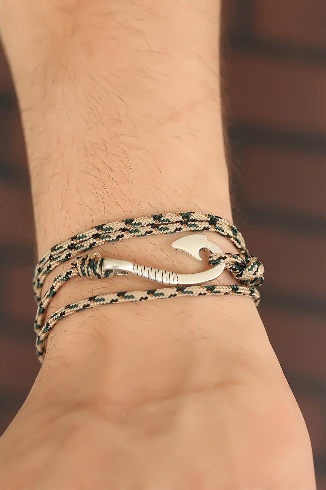 Erb%20Krem%20Renk%20Çizgi%20Desenli%20Metal%20Kancalı%20Erkek%20Bileklik