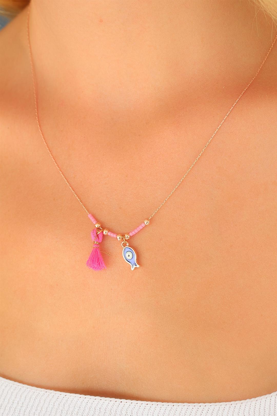 Erb%20Nazar%20Boncuklu%20Pembe%20Renk%20Taşlı%20Rose%20Bayan%20Kolye