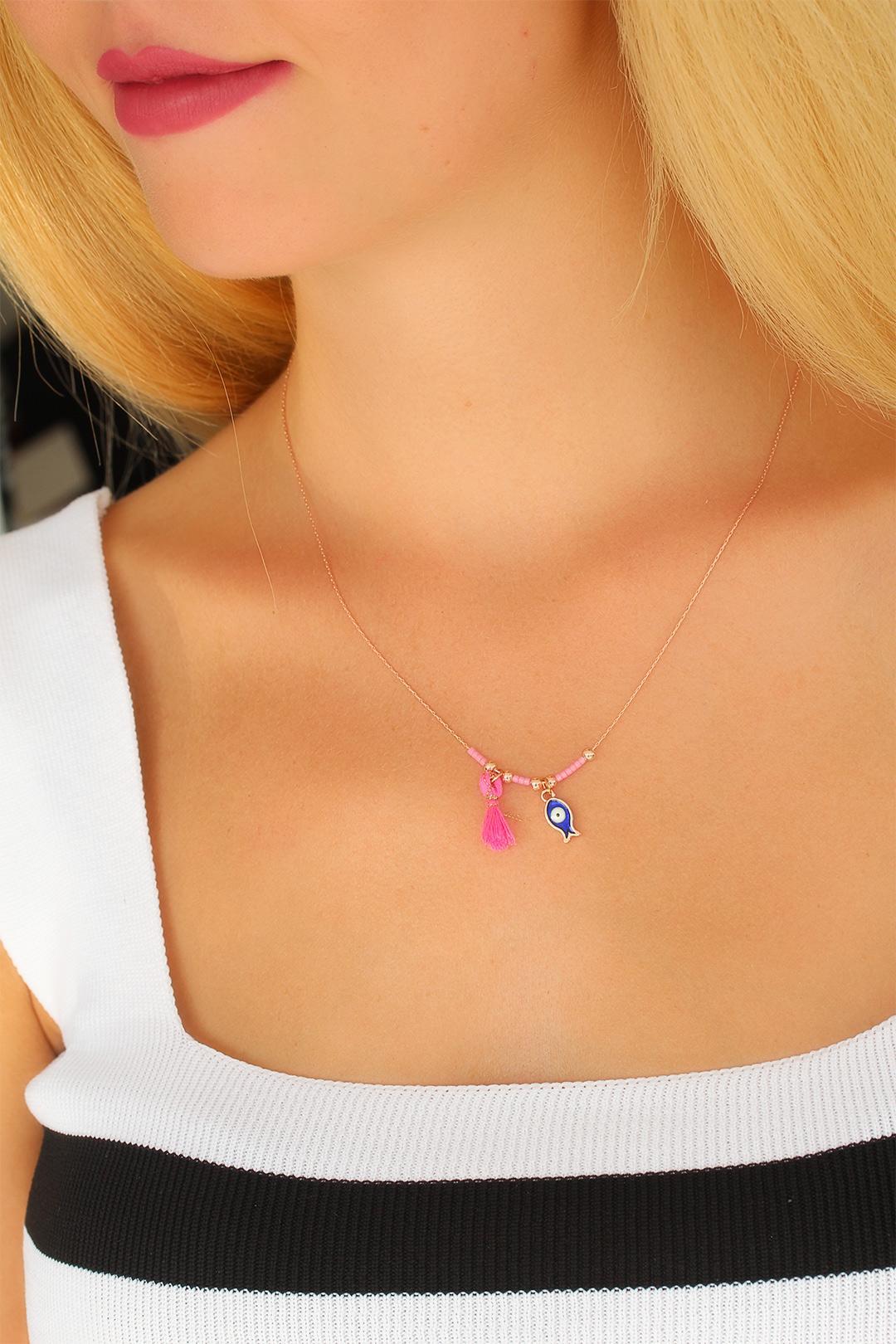 Erb%20Nazar%20Boncuklu%20Pembe%20Renk%20Taşlı%20Rose%20Bayan%20Kolye