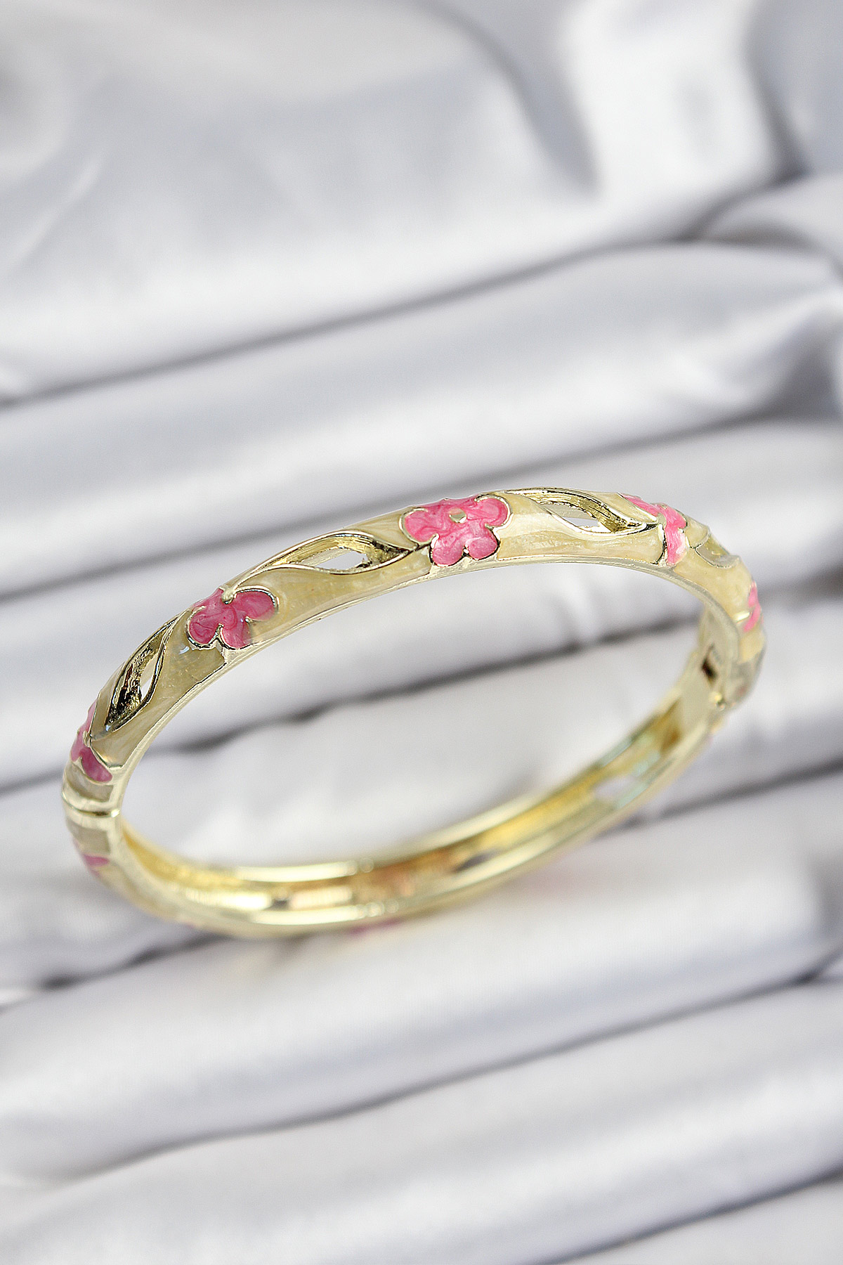 Erb Mineli Pirinç Pembe Ve Hardal Çiçek Motifli Gold Renk Kadın Kelepçe