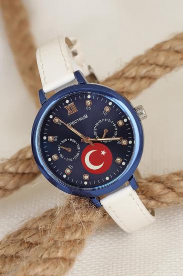 Erb Türk Bayrak Tasarımlı Beyaz Renk Deri Kordonlu Lacivert Kasa Bayan Saat