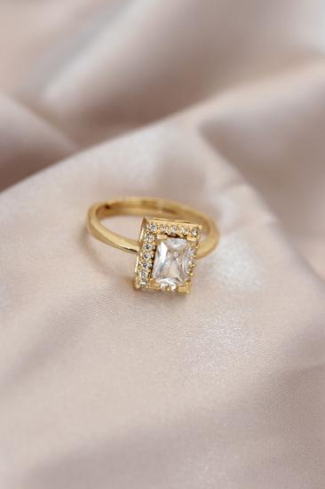 Erb Ayarlamalı Gold Renk Metal Zirkon Ve Kristal Taşlı Dikdörtgen Model Yüzük