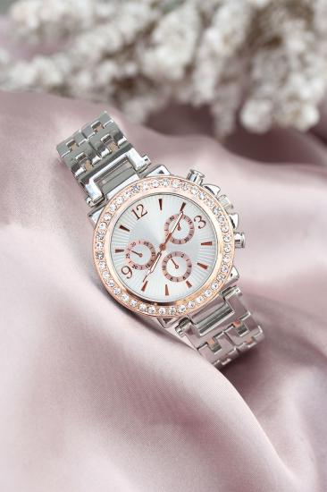 Erb Gümüş Metal Kordonlu Rose Zirkon Taşlı Kasa Tasarımlı Kadın Saat