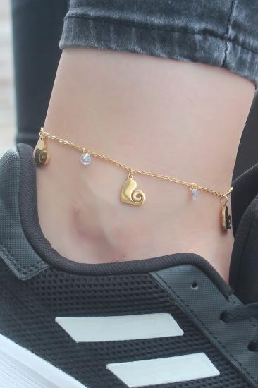 Erb 316L Çelik Gold Renk Kalp Figür Zirkon Taş Detay Kadın Halhal