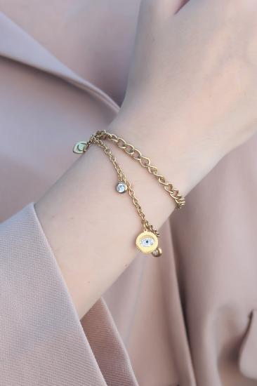 Erb 316L Kararmaz Çelik Gold Renk Taşlı Göz Detaylı Kadın Bileklik