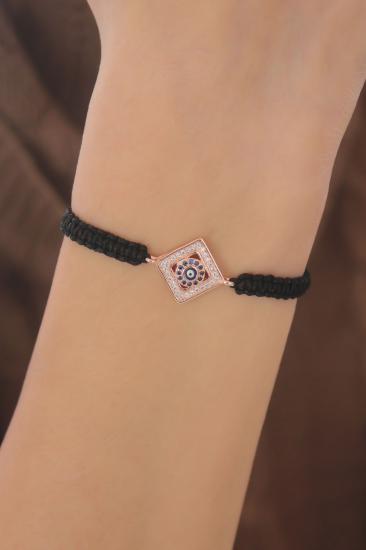 Erb Makrome Rose Renk Kare Zirkon Taşlı Nazar Boncuk Detay Kadın Bileklik