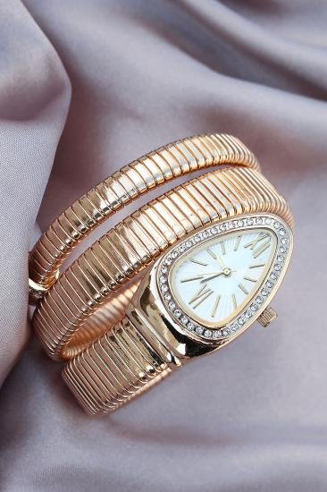 Erb Yeni Sezon Roma Rakamlı Gold Renk Beyaz Kadran Taşlı Yılan Model Kadın Saat