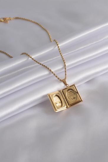 Erb 316L Çelik Gold Renk Kare Model Fotoğraf Koyulabilen İşlemli Kadın Kolye