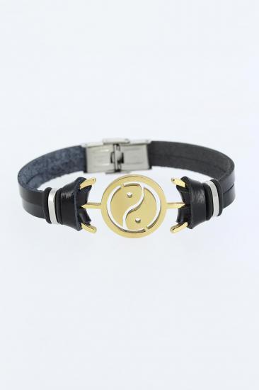 Erb Gold Renk Yin Yang Figürlü Metal Aksesuarlı Siyah Renk Deri Erkek Bileklik