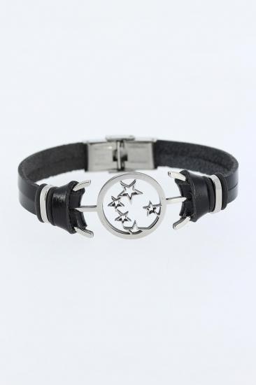 Erb Silver Renk Yıldız Figürlü Metal Aksesuarlı Siyah Renk Deri Erkek Bileklik