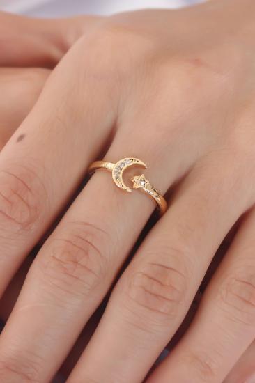 Erb Gold Renk Ay Yıldız Figür Zirkon Taşlı Kadın Yüzük
