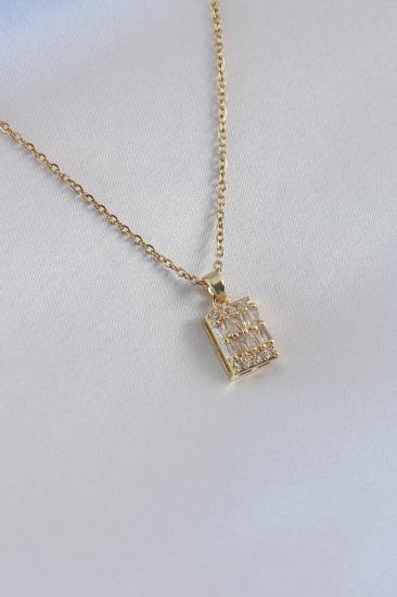 Erb 316L Çelik Gold Renk Baget Model Zirkon Taşlı Kadın Kolye