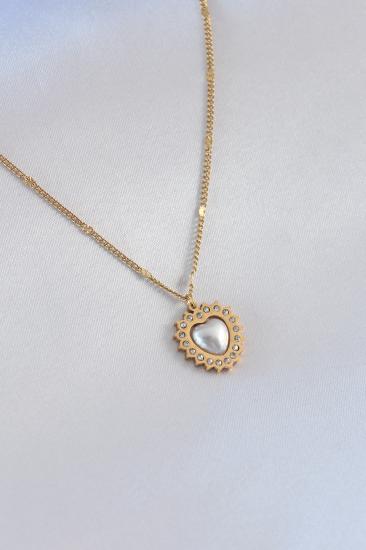 Erb 316L Çelik Gold Renk İnci Kalp Figür Zirkon Taş Detay Kadın Kolye