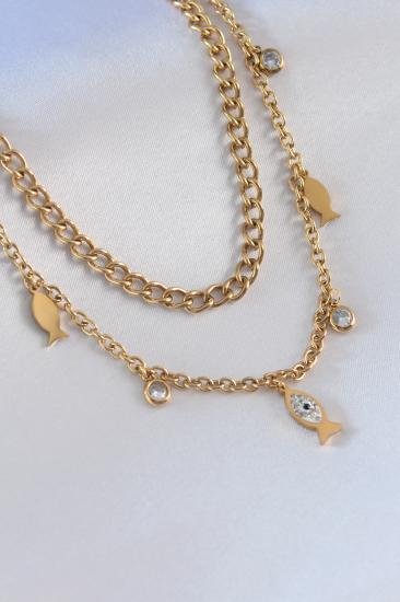 Erb 316L Çelik Gold Renk Zincir Model Balık Figür Zirkon Taşlı Kadın Kolye