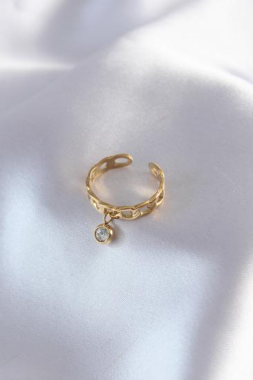 Erb 316L Çelik Kararmaz Gold Renk Zirkon Taş Sallantılı Kadın Yüzük
