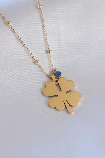 Erb 316L Çelik Gold Renk Yonca Figür Nazar Boncuk Figür Kadın Kolye