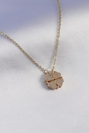 Erb 316L Çelik Gold Renk Açılır Zirkon Taşlı Yonca Model Kadın Kolye
