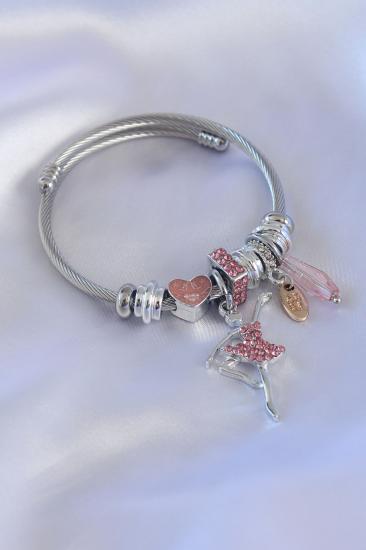 Erb Gümüş Pembe Renk Balerin Figür Zirkon Taşlı Charm Bileklik