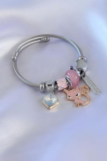 Erb Gümüş Pembe Renk Kedi Figür Zirkon Taşlı Charm Kadın Bileklik