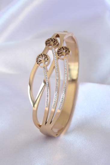 Erb 316L Çelik Gold Renk Hayat Ağacı Model Zirkon Taşlı Kadın Kelepçe