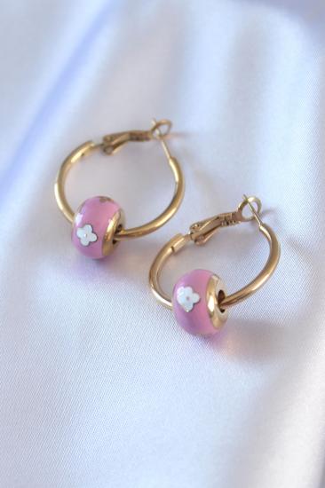Erb 316L Çelik Gold Renk Pembe Çiçek Halka Model Kadın Küpe