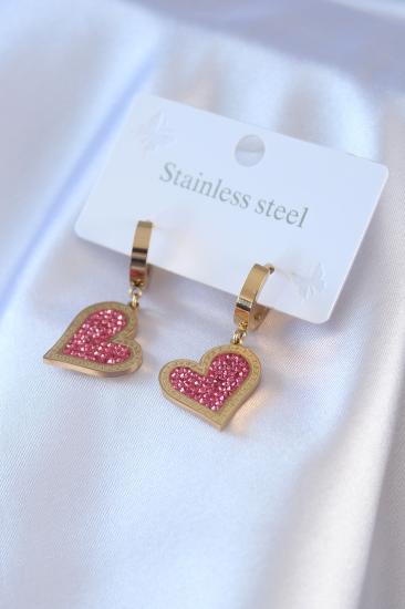 Erb 316L Çelik Gold Renk Pembe Zirkon Taşlı Kalp Model Kadın Küpe