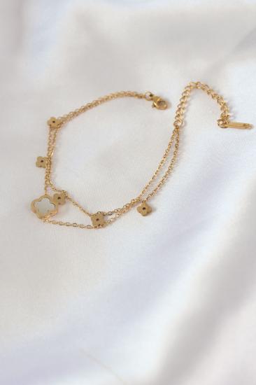 Erb 316L Çelik Gold Renk 2\\'li Beyaz Yonca Model Kadın Bileklik