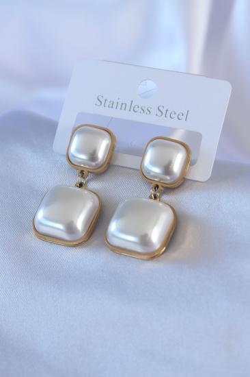 Erb 316L Çelik Gold Renk 2\\'li Kare İncili Model Kadın Küpe