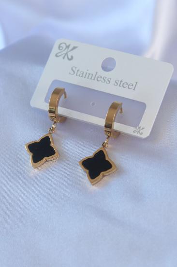 Erb 316L Çelik Gold Renk Siyah Çiçek Model Kadın Küpe