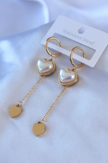 Erb 316L Çelik Gold Renk Kare İncili Sallantı Model Kadın Küpe
